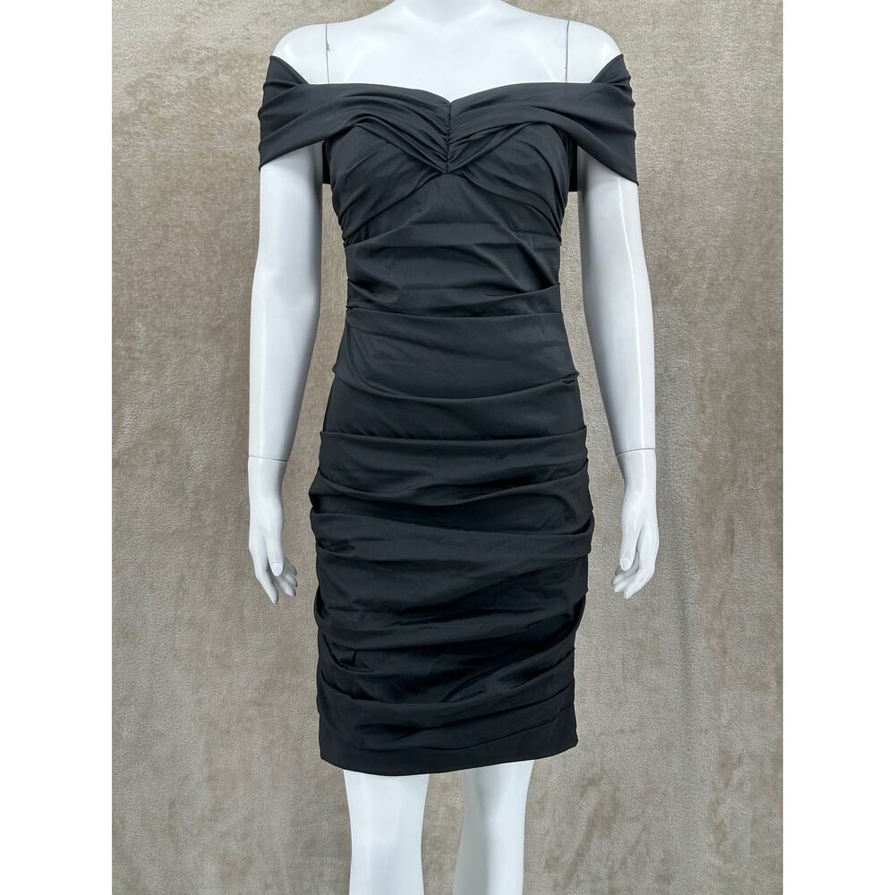Theia Dress Womens 6 Black Off the Shoulder Ruched Bodycon Cocktail Wedding LBD